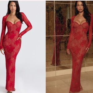 House of CB Lucienne Red Lace Embroidered Maxi Dress - Limited Edition